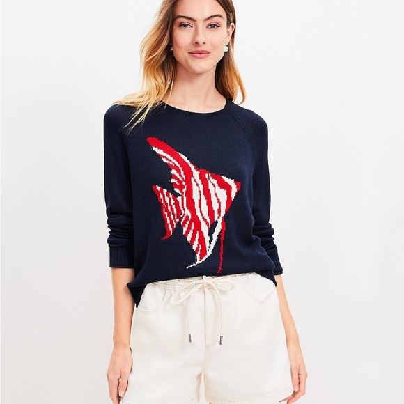 LOFT Navy Knit Sweater With Red Fish Size Large Nautical - Picture 1 of 9